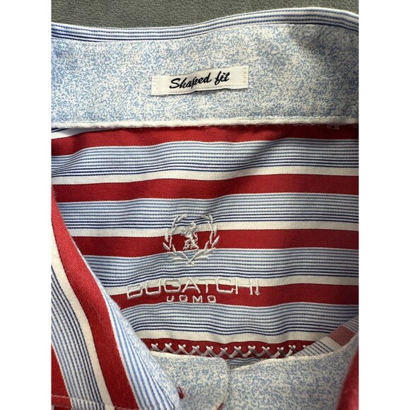 Bugatchi All Cotton Button Front Shirt Mens XL Shaped Trim Fit Stripes Red Blue - Picture 4 of 10